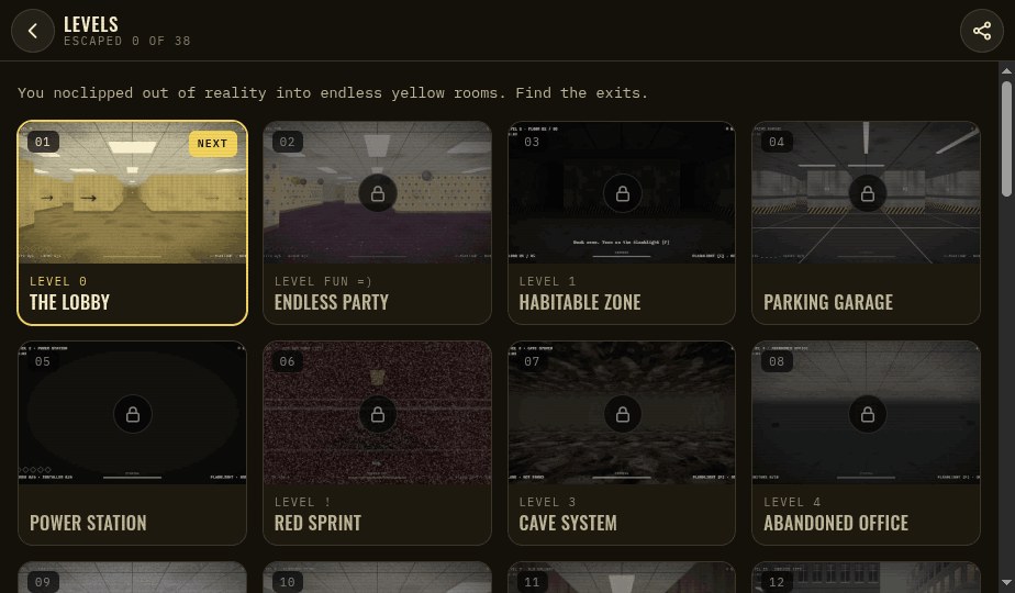 Backrooms Level Zero — 38 levels, each unlocks the next