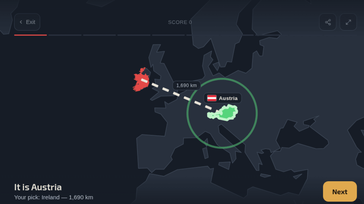 Geo Quiz — Країна летить на своє справжнє місце на карті — і відстань у кілометрах до твоєї відповіді